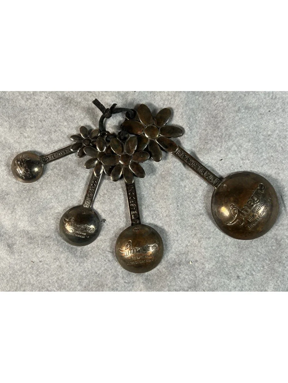 Metal Measuring Spoons With Flower Handle & Cancer Awareness Message
